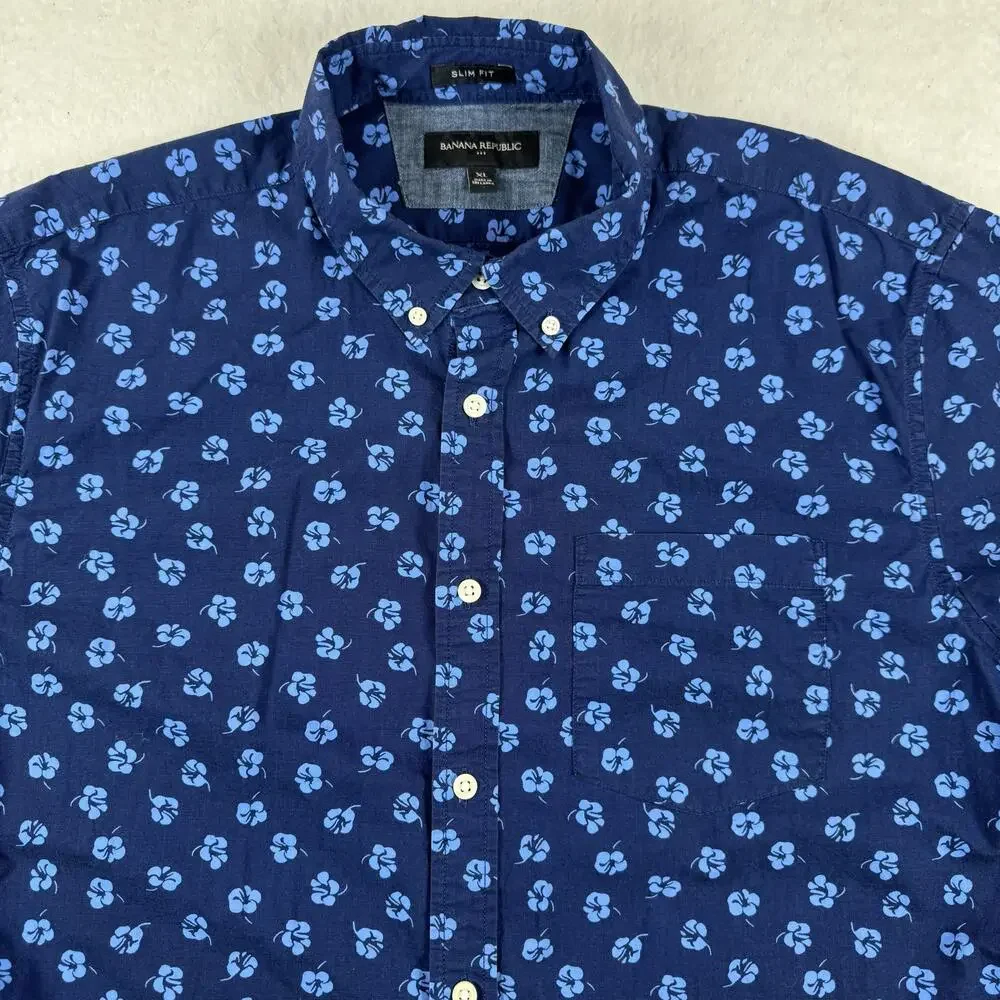 Banana Republic Shirt Mens Size XL Blue Floral Slim Fit Short Sleeve Button Up